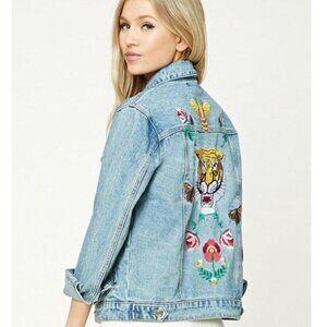 Vintage Forever 21 Embroidered Denim Jacket Flowers Tiger Small